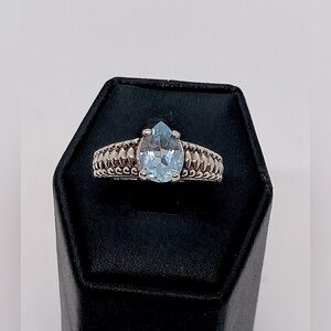 Vtg Sterling & Blue Topaz Pear Teardrop Shaped Stone Rope Design Band | Sz 9.25